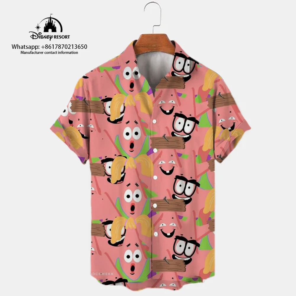 2023 Men\'s New Lapel Short Sleeve Single-Breasted Shirt Summer Spongebob Pattern Print Harajuku Casual Street Versatile Shirt