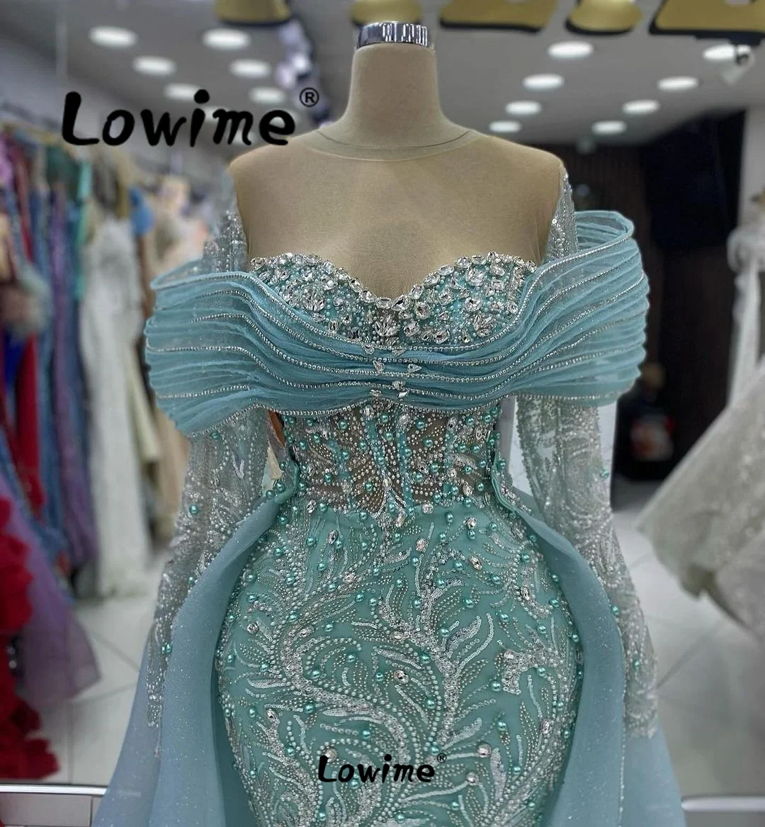 Robe De Soiree 2024 Mint Green Light Blue Aso Ebi Evening Dresses Long Sleeves Customize Mermaid Beaded Pearls Celebrity Dress