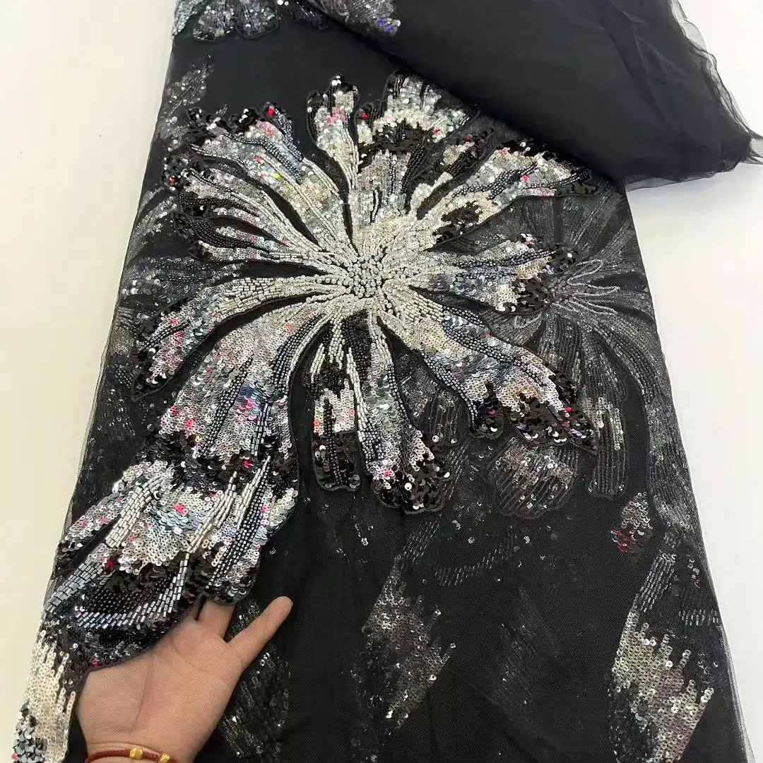 

Luxury African Sequin Beaded Lace Fabric 2025 High Quality Groom Nigerian Wedding Bridal Embroidery French Tulle Sewing