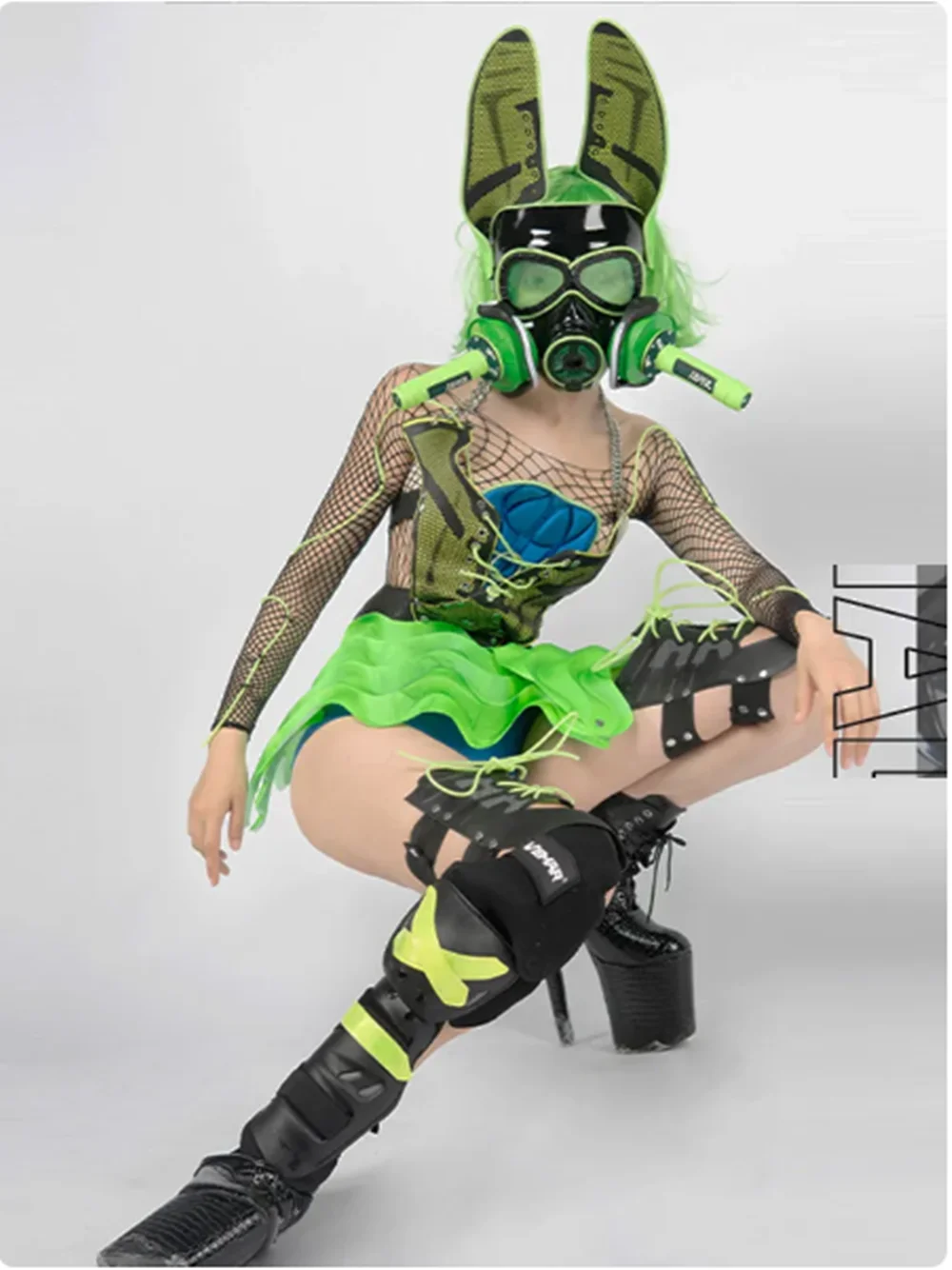 Fluorescent Violent Bunny Cosplay Costume Rave Outfit LED Explosion-Proof Mask Nightclub Gogo Performance Stage Costume