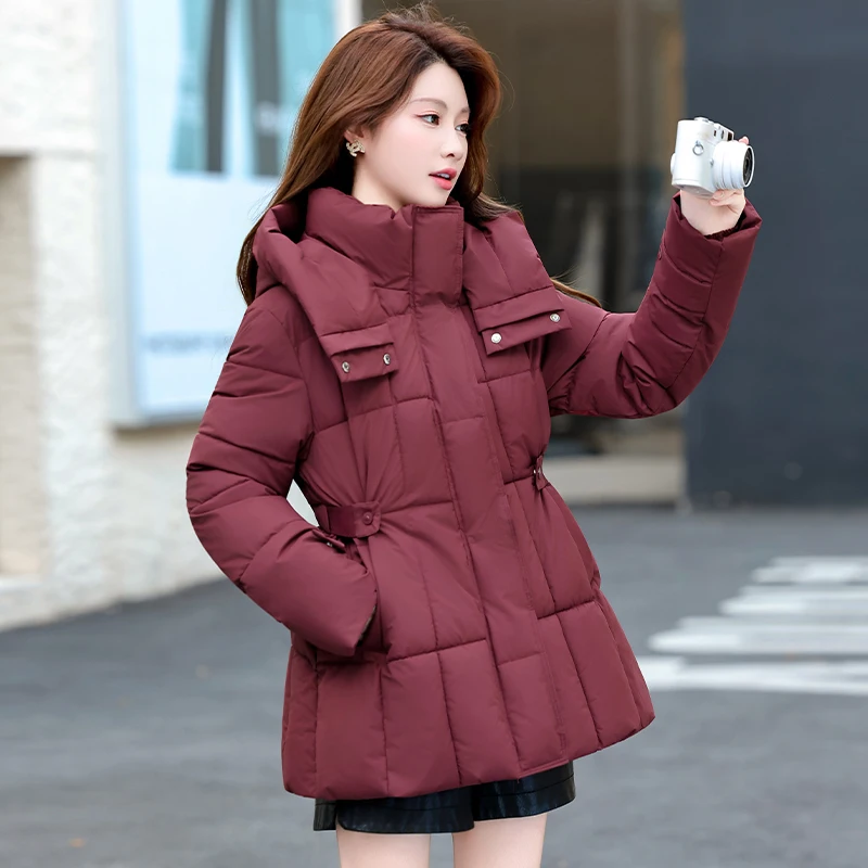 معطف شتوي نسائي كوري بحزام من القطن من Thened بتأثير التخسيس، متوسط الطول، مقاس صغير، معطف مبطن بالقطن