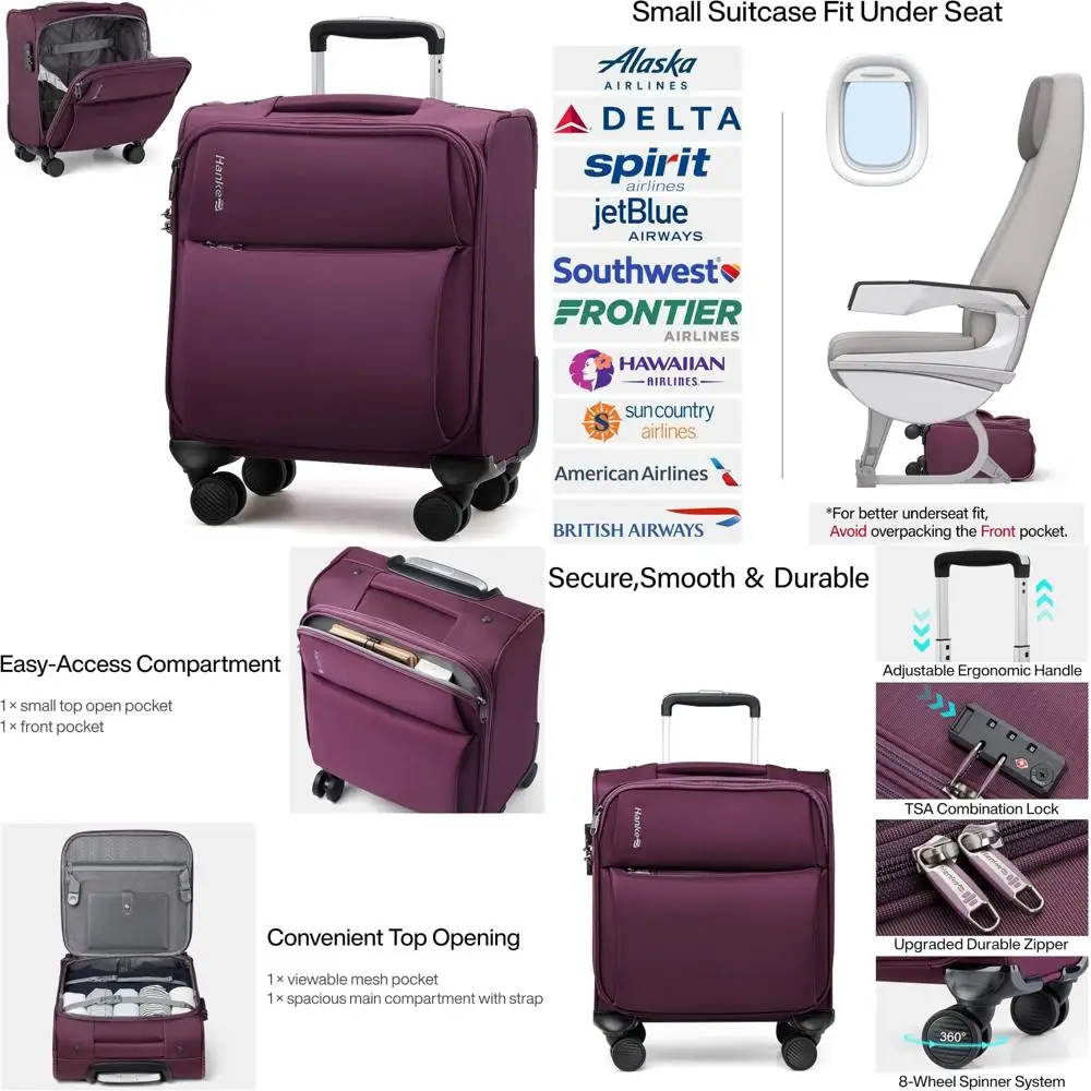 

Compact 16 Inch Lightweight Softside Spinner Carry-On Luggage Approved for Airlines, Ideal for Travelers Seeking Space-Saving So