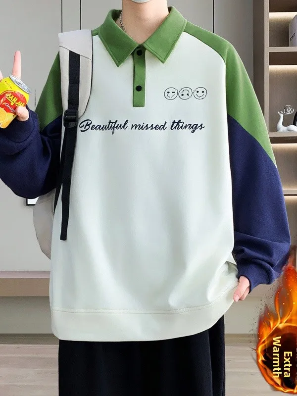 

Korean Casual Sle Fce Lined Thiened Men's Sweatirt irt Color Blo Design Trendy Top for Teens And Young Men