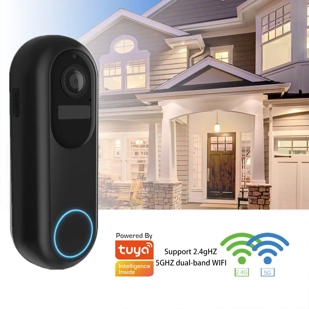 Black cylindrical wireless video doorbell camera 1080p with dual wifi featuring a camera lens, motion sensor, and blue led ring at the bottom.