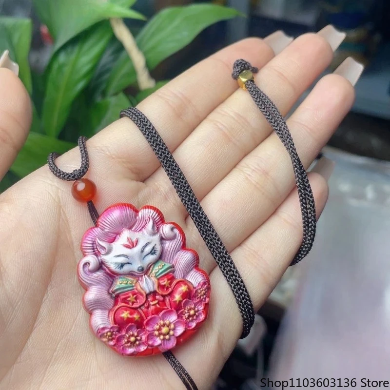 

Natural Cinnabar Painted Nine Tailed Fox Pendant Red Sand Men's and Women's Pendant Necklace Fashionable and Charming Jewelry