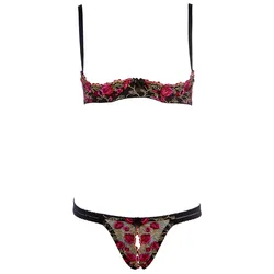 Women Sexy Underwear Exquisite Embroidery Flower Push Up Open Bra Crotch Panty Set Temptation Cupless Thong Lingerie Set