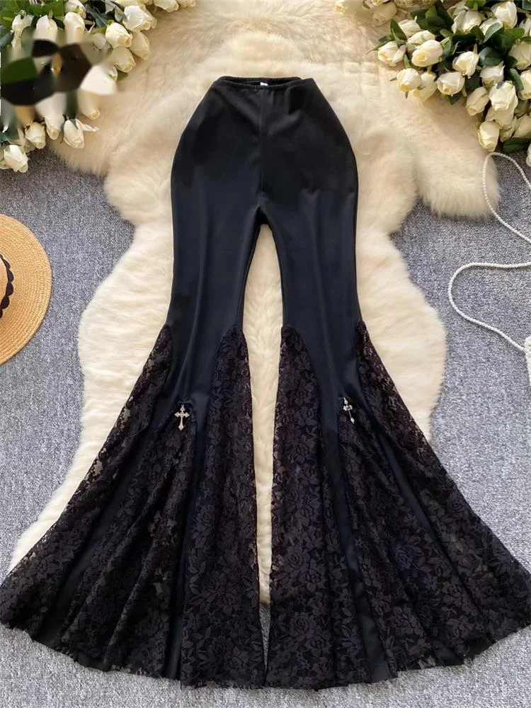 

American Ins Hotsweet Pants Women High Waist Mesh Splice Lace Design Fashion Streetwear Skinny Flared Long Pants