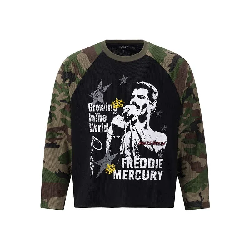 Male 2026 Spring/Autumn New American Retro Singer Character Print Contrast Color Graffiti Camouflage Long Sleeve T-shirt Tops