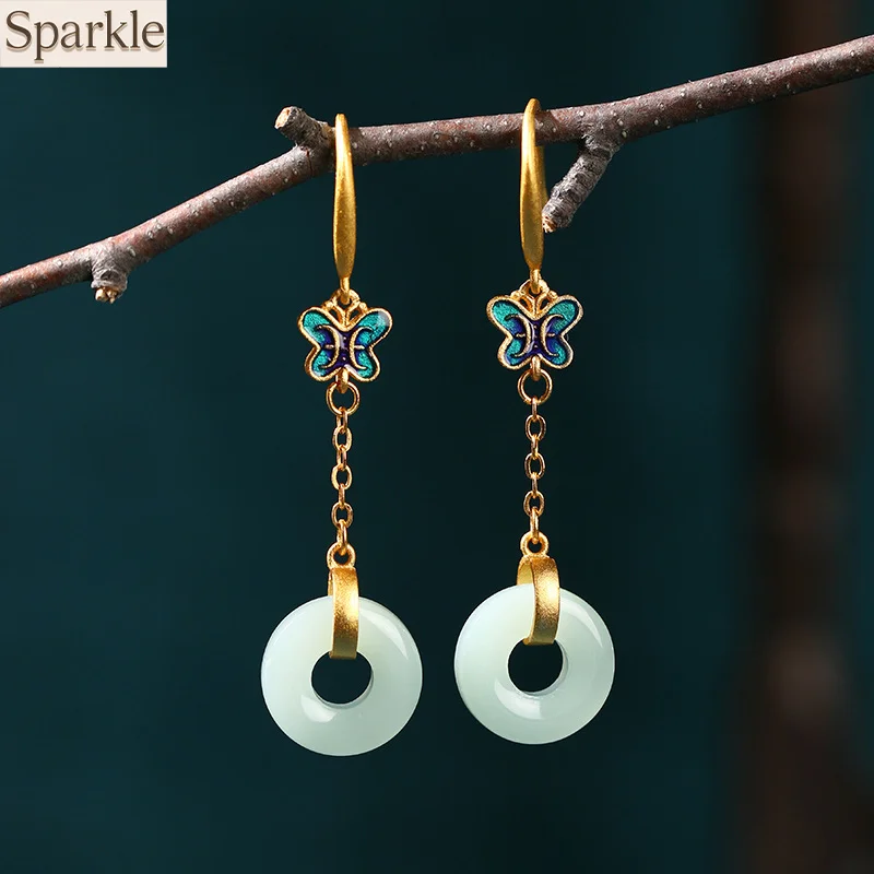

Chinese Style Retro Earrings Butterfly&Peace Buckle Design for Women Elegant Drop Earrings Imitation Hetian Jade Earrings
