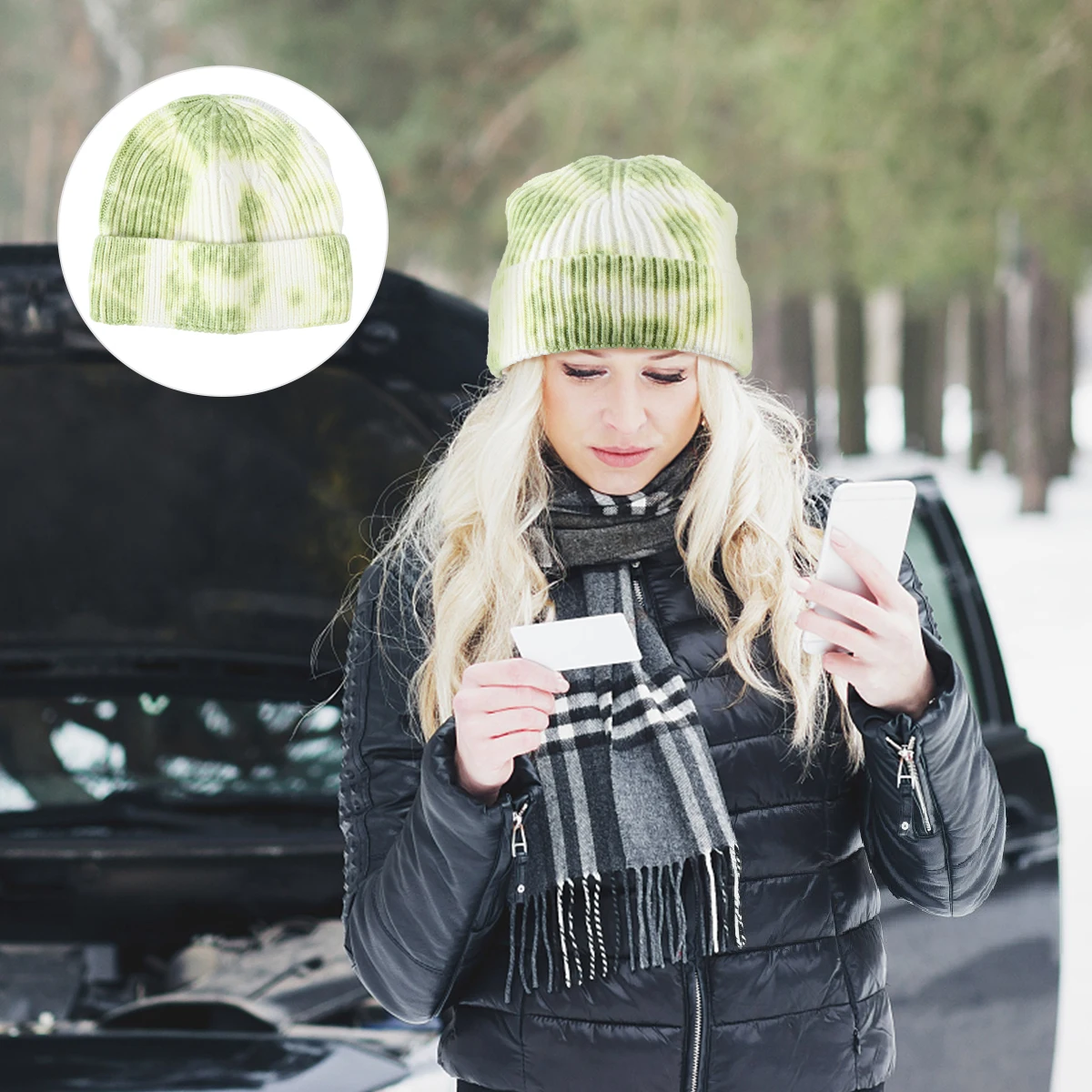 

Women Woolen Knitting Hat Adjustable Brim Warm Winter Headgear Versatile Casual Accessory Tie-Dyed Fashion Cap Durable Elastic