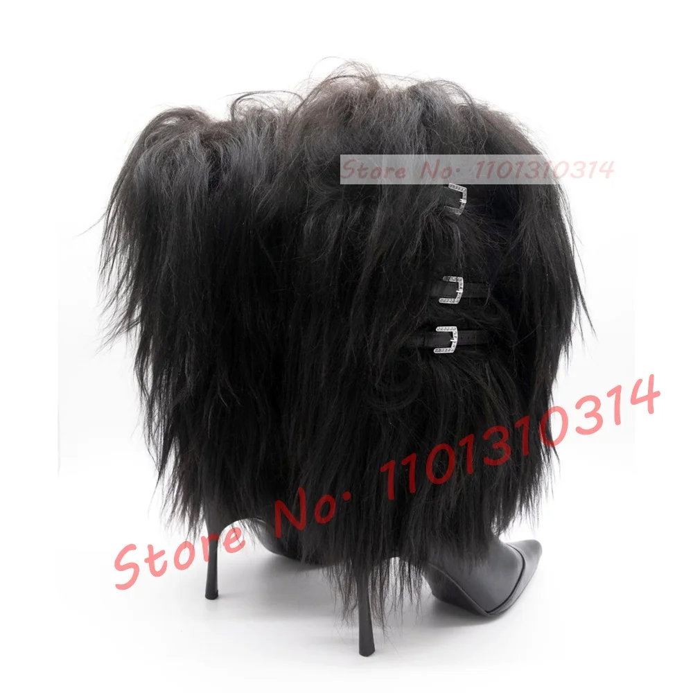 Black Fur Fluffy Mid-calf Boots Women Sexy Fashion Cross Belt Buckle Pointed Toe High Heel Shoes Ladies Big Size Stiletto Boots