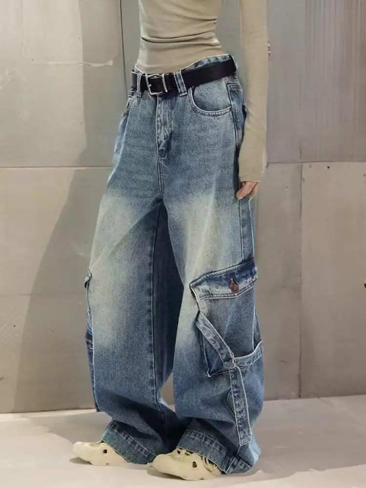 

American Retro Washing Old Work Jeans Women Autumn Winter New Multi-Pocket Design Loose Drape Wide-Leg Pants