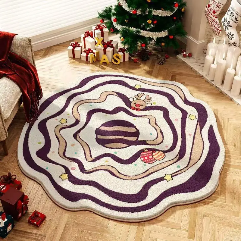 VIKAMA Special-Shaped Christmas Circular Carpet, Bedside Cool-Keeping Plush Carpet, Living Room Sofa Footpad, Carpet