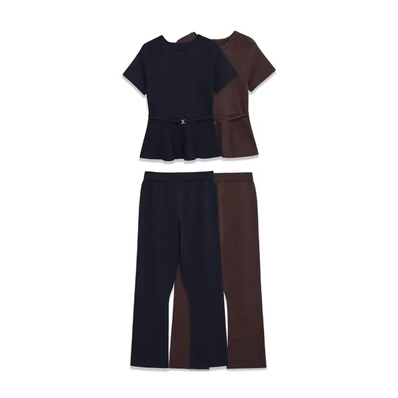 

Женский повседневный летний комплект, вязаный топ с поясом, эластичные прямые трикотажные брюки с высокой талией, наряд из двух предметов