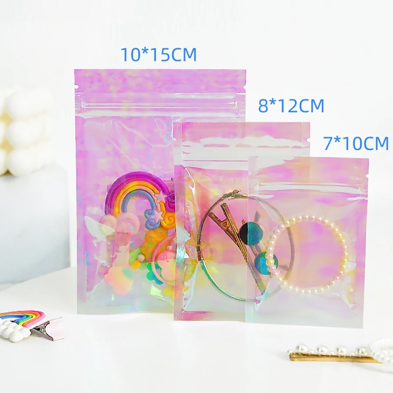 Pink Stand Up Holographic Zip Lock Bag Iridescent Laser Heat Sealing Cosmetic Jewelry Snacks Cereals Candy Gifts Package Pouches