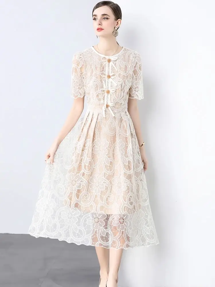 Summer Elegant Short Sleeve Lace Embeoidery Flower Party Dresses for Women