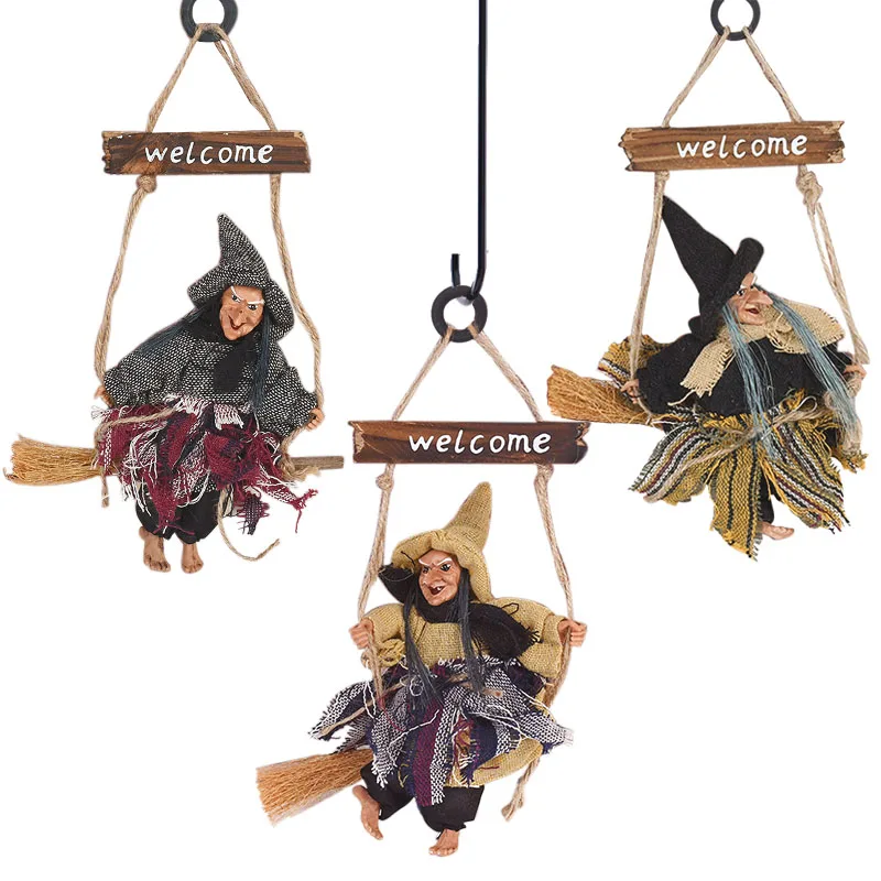 Halloween Horror Witch Doll Hanging Ornaments Flying Witch with Broom Pendant Halloween Party Decoration for Home DIY Wreath