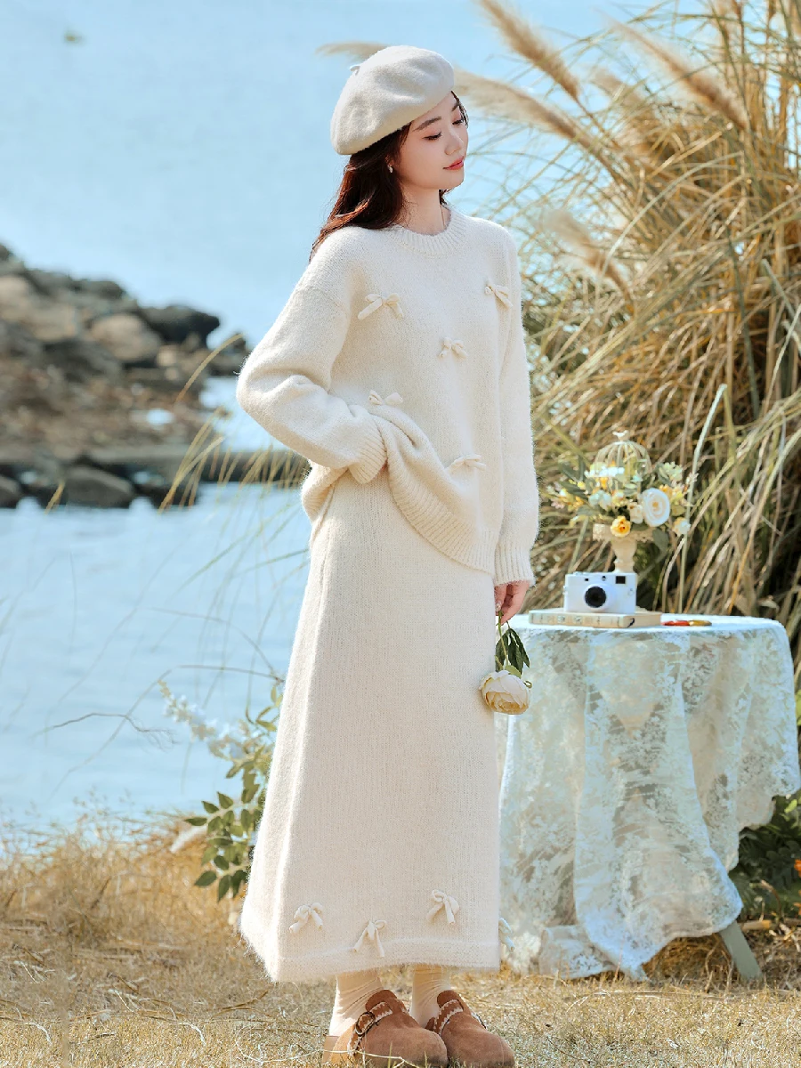 

Комплект из двух предметов: вязаный свитер и юбка с декоративным узором «сладкий узел» для женщин, зимний модный костюм