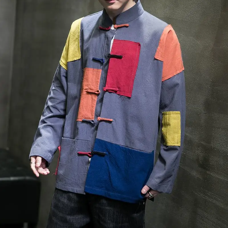 

Foufurieux Chinese Style Fashion Contrasting Color Spliced Jacket Men's Buttoned Tang Style Plus Size Coat Male Clothing