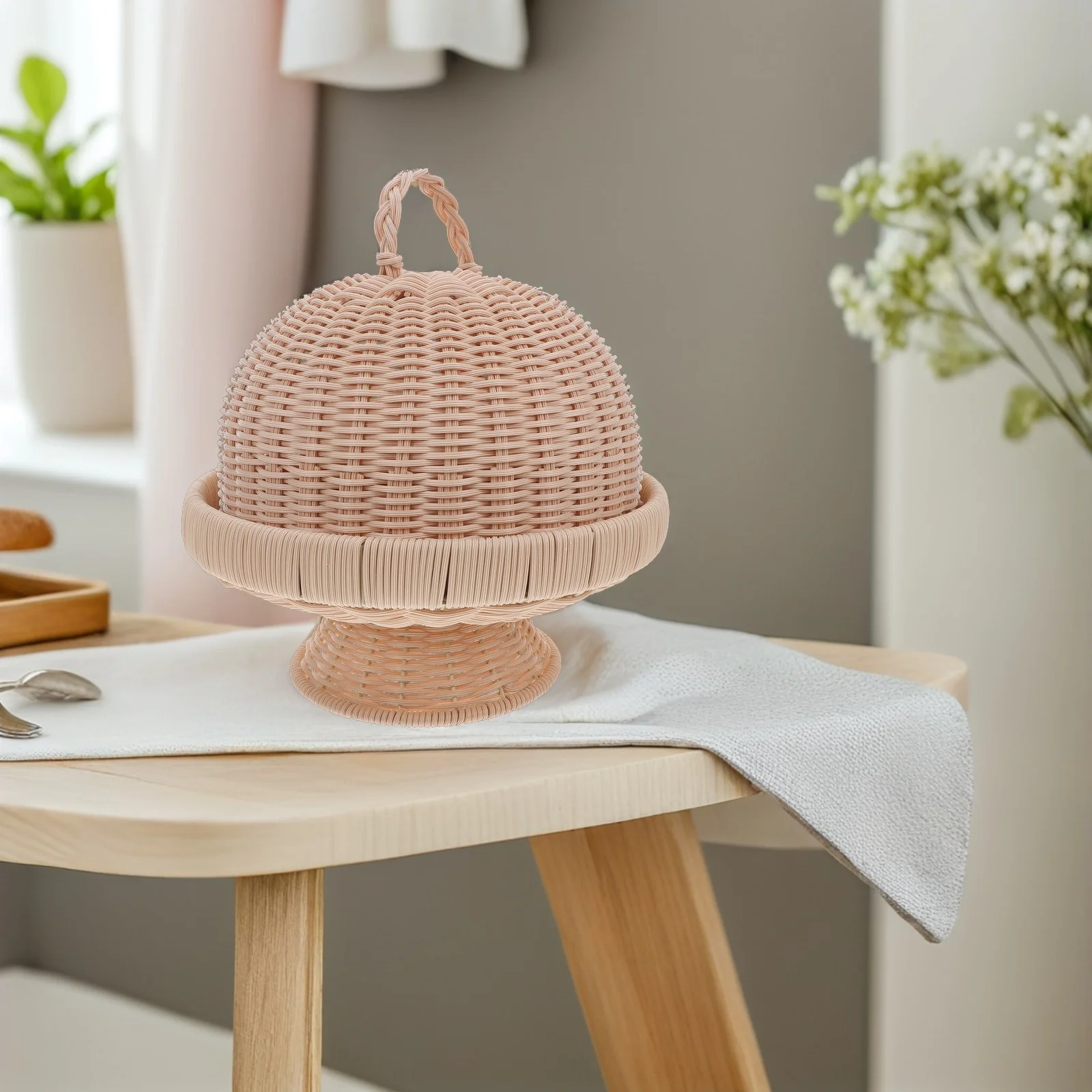 

Wicker Storage Tray Lid Round Woven Bread Basket for Fruit Snack Food Organizer Kitchen Holiday Gathering Fruit Plate with Lid