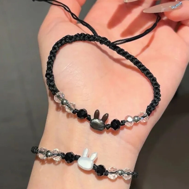 2025 اليدوية حبل أسود سوار عشاق الأصدقاء الطبيعية Moonstone أرنب سحر قابل للتعديل أساور حزب زوجين مجوهرات هدايا #2