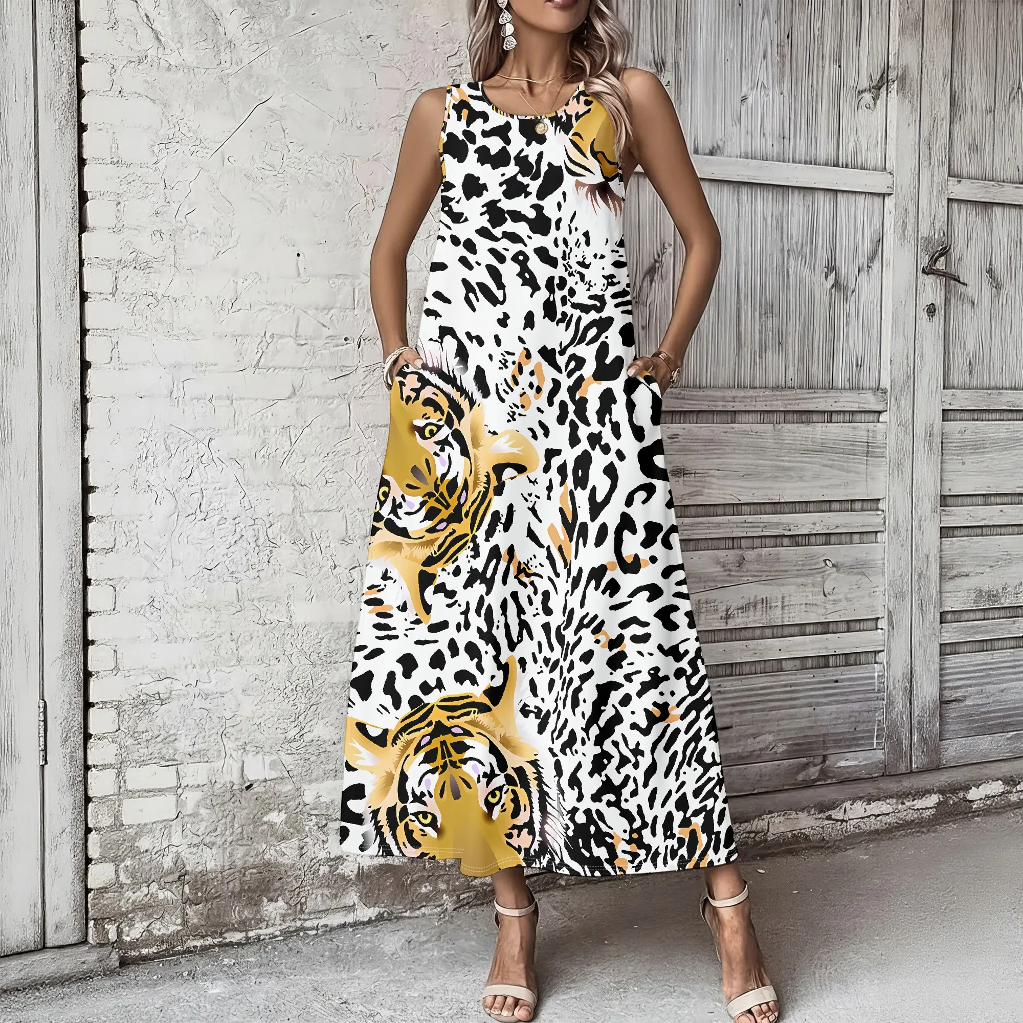 

Women's Summer Sleeveless Round Neck Long Dress, 3D Fashionable Printed Large Swing Dress.