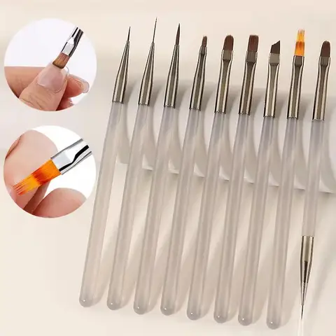 9Pcs UV Gel Acrylic Nail Brush Set, Nail Tips Extension Nail Brushes 3D Carving Manicure Salon Tools