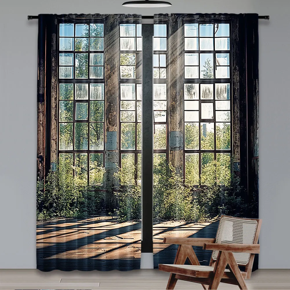 2Pcs Industrial Curtains Industrial Interior With Tall Old Windows Ruins Hallway Station Shadow For Bedroom Living Room And