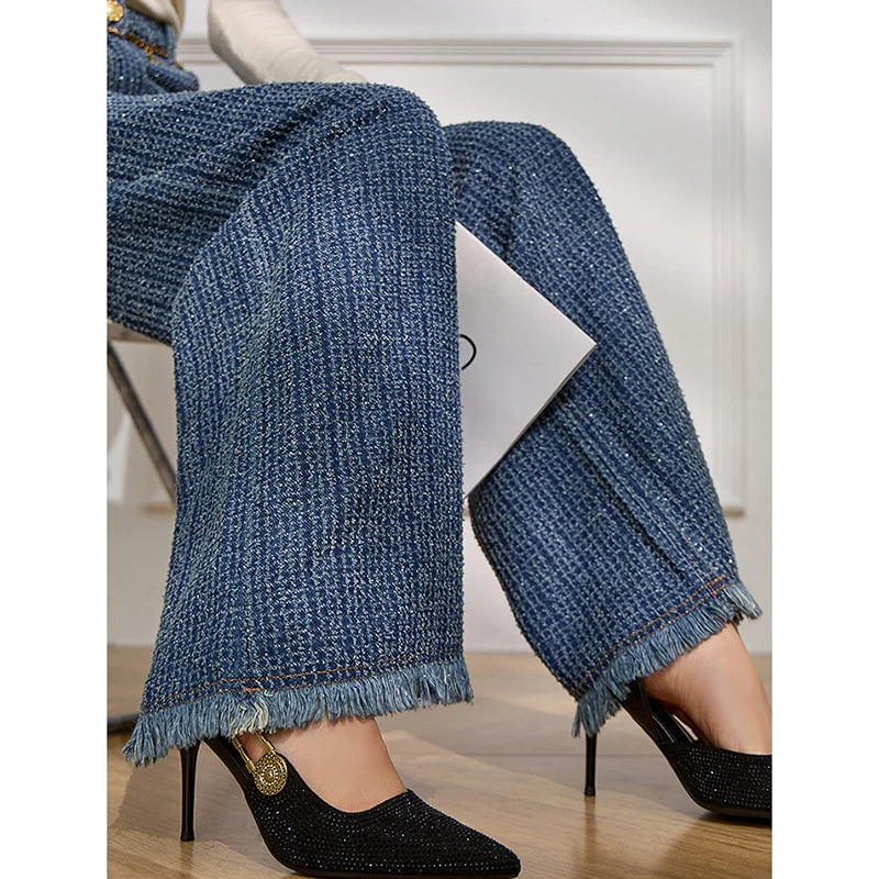 Women's High Waist Jeans Fall Textured Tweed Wide Leg Pants 2026 New Vintage Fringe Hem Floor Length Denim Trousers