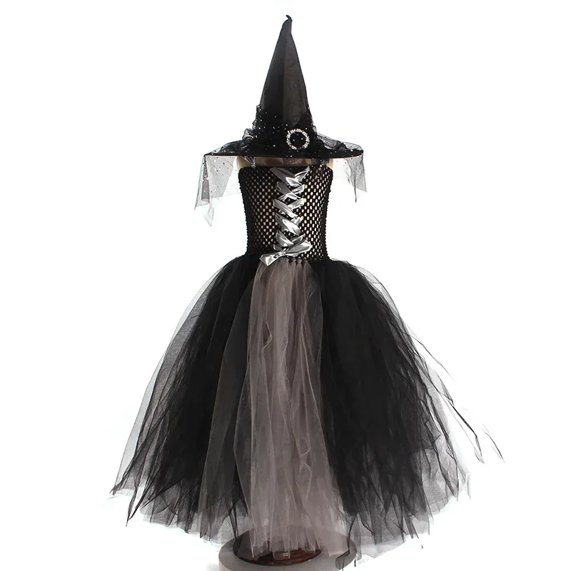 Gothic Halloween Ghost Witch Costume Flare Sleeve Gown Robe Tutu Dress with Witch Hat for Purim Carnival Party