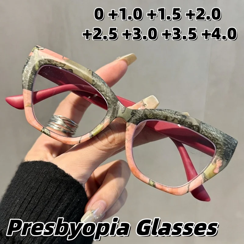 

New Fashionable Floral Cat-Eye Presbyopia Glasses Anti-Blue Light Reading Eyewear with Spring-Loaded Temples Unisex