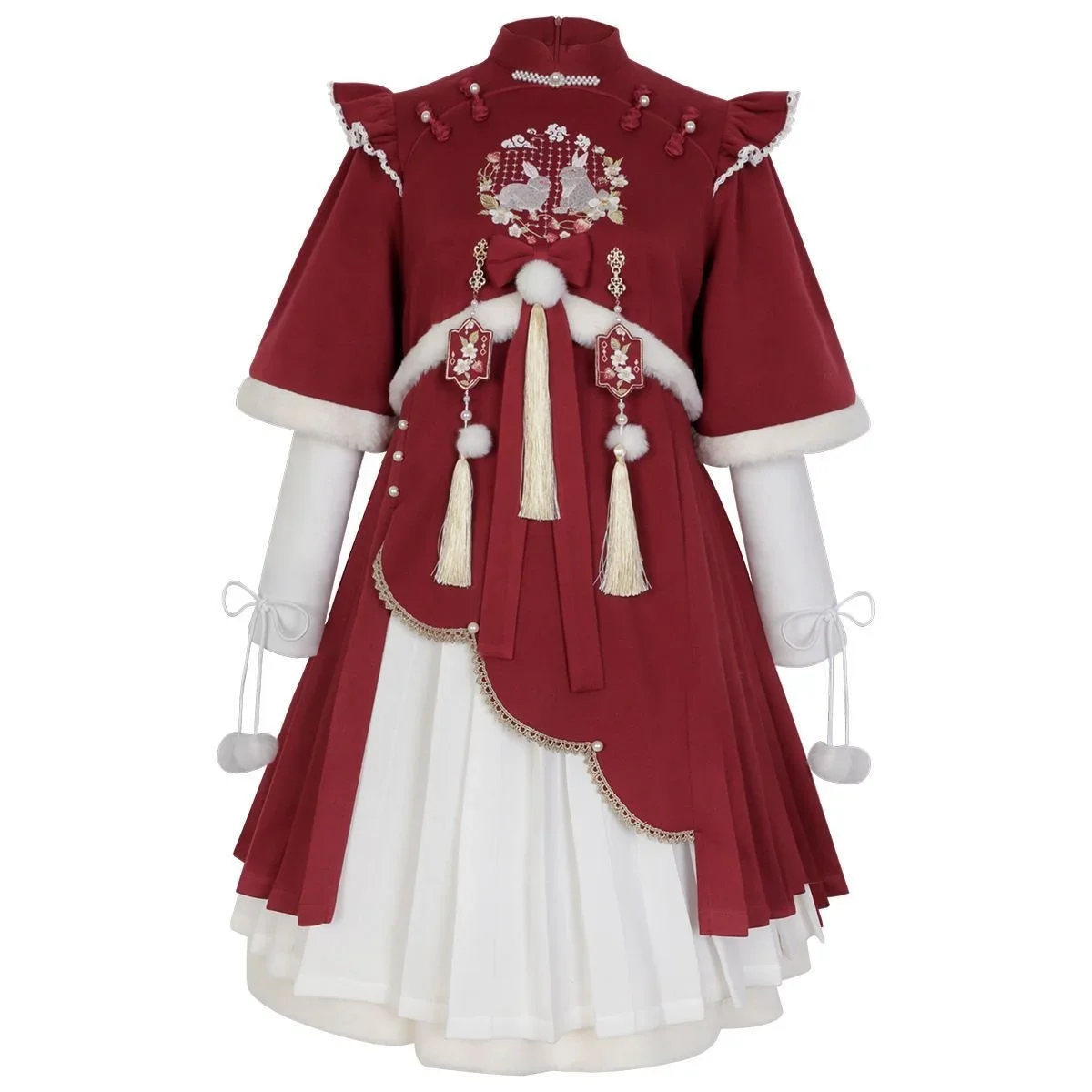 

Новинка 2025, зима, Новый год, китайский элемент, Лолита, клубничный кролик, полный комплект, костюм, утолщенное рождественское платье, красный ханьфу