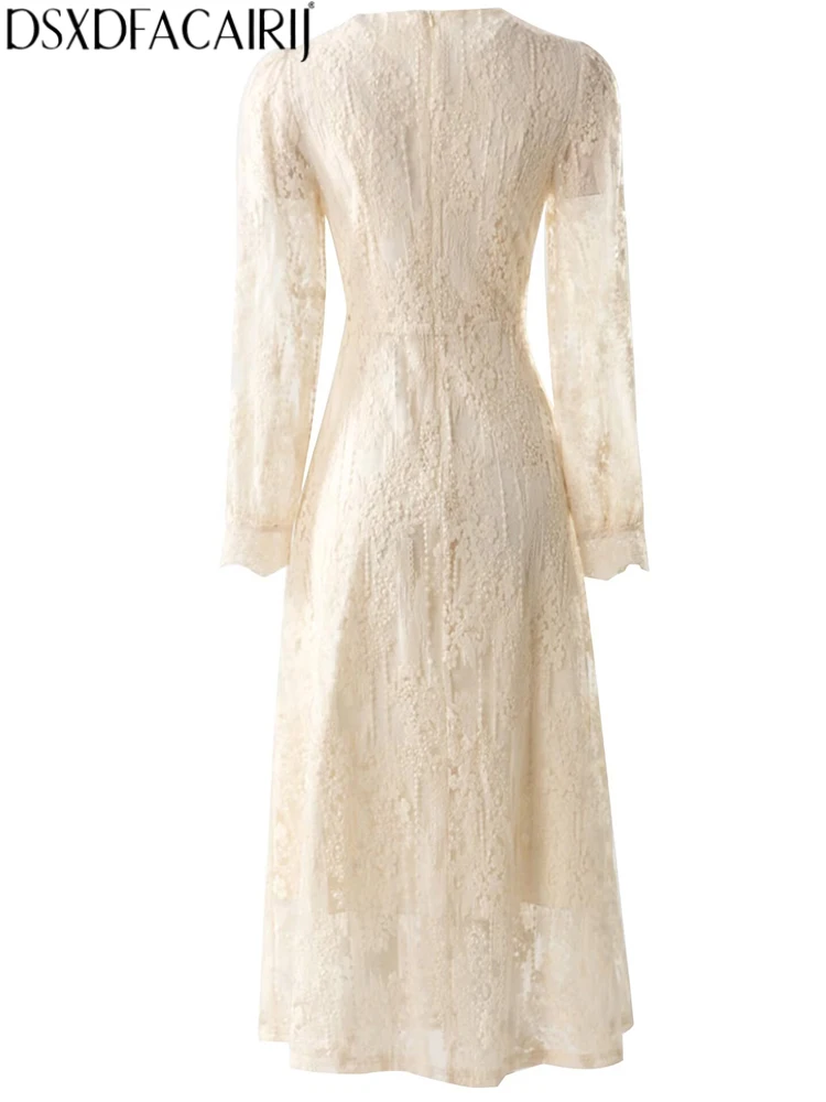 DSXDFACAIRIJ ชุดเดรสผู้หญิงคอวี แขนทรงโคม ผ้าลายแจ็คการ์ด ผูกเชือก แต่งผ้าลูกไม้ สไตล์หวานๆ สำหรับฤดูใบไม้ผลิและฤดูใบไม้ร่วง