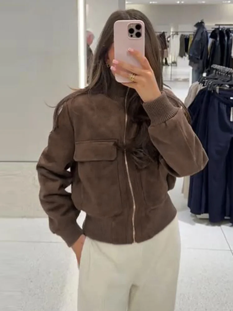

Vintage Suede Women's Jackets Brown Turn-down Collar Full Sleeve Zipper Patchwork Short Female Coat 2026 Spring Lady Outerwears