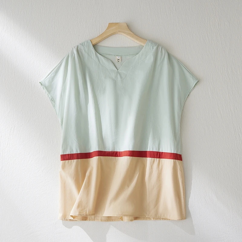 

Summer New Loose Svel irt Color Woven Linen Artistic Simple Contrast oulder Personali Wide Top T-irt Women's Fa...