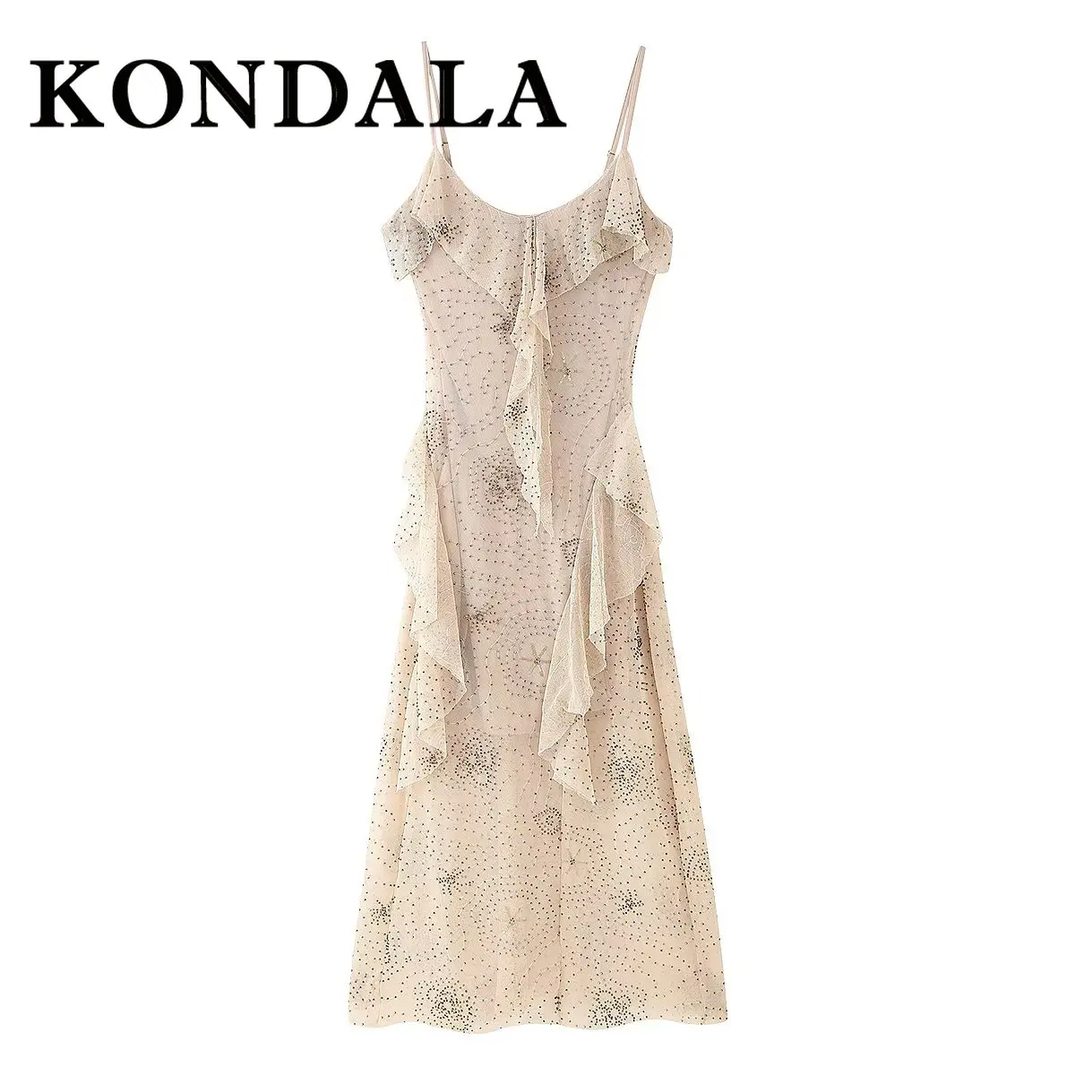 فستان KONDALA أنيق ومثير ومثير للنساء فستان كامي طويل لحفلات أعياد الميلاد والحفلات المسائية موضة 2025 فستان نادي مكشكش بيج موهير