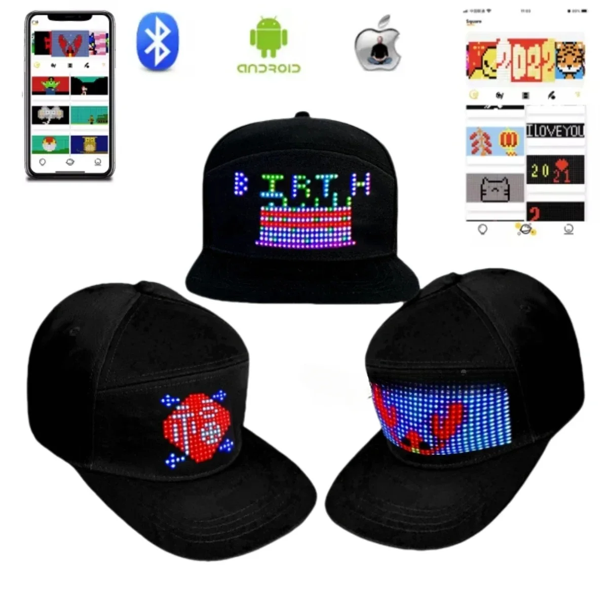 LED Matrix Scrolling Text Display Cool Baseball Cap LED Glowing HatMessage Pattern Programmable APP Control 5V for Disco Party