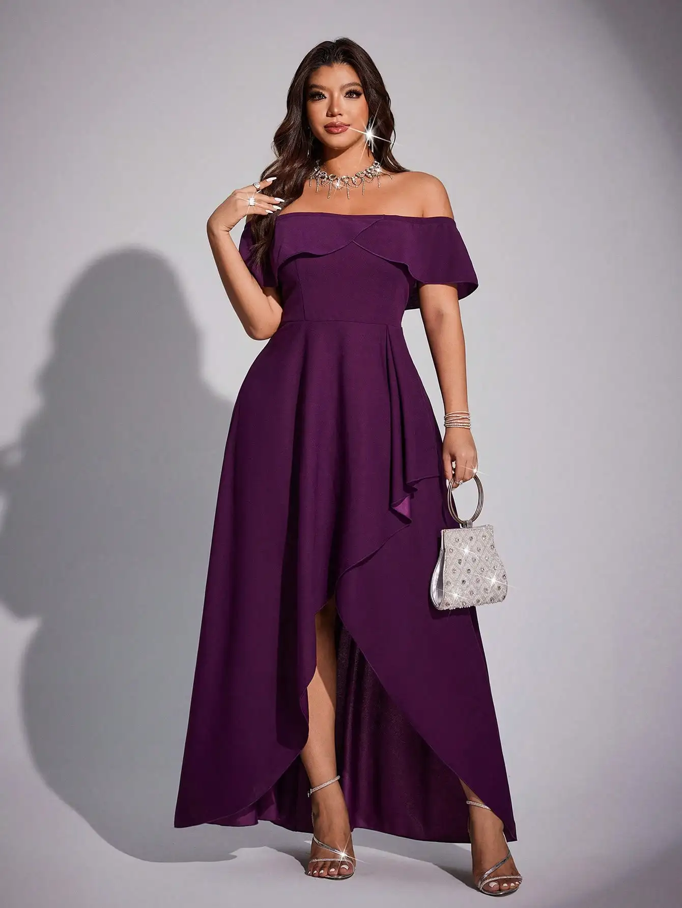 

Elegant Off-Shoulder Asymmetrical Maxi Dress in Deep Purple for Evening Events