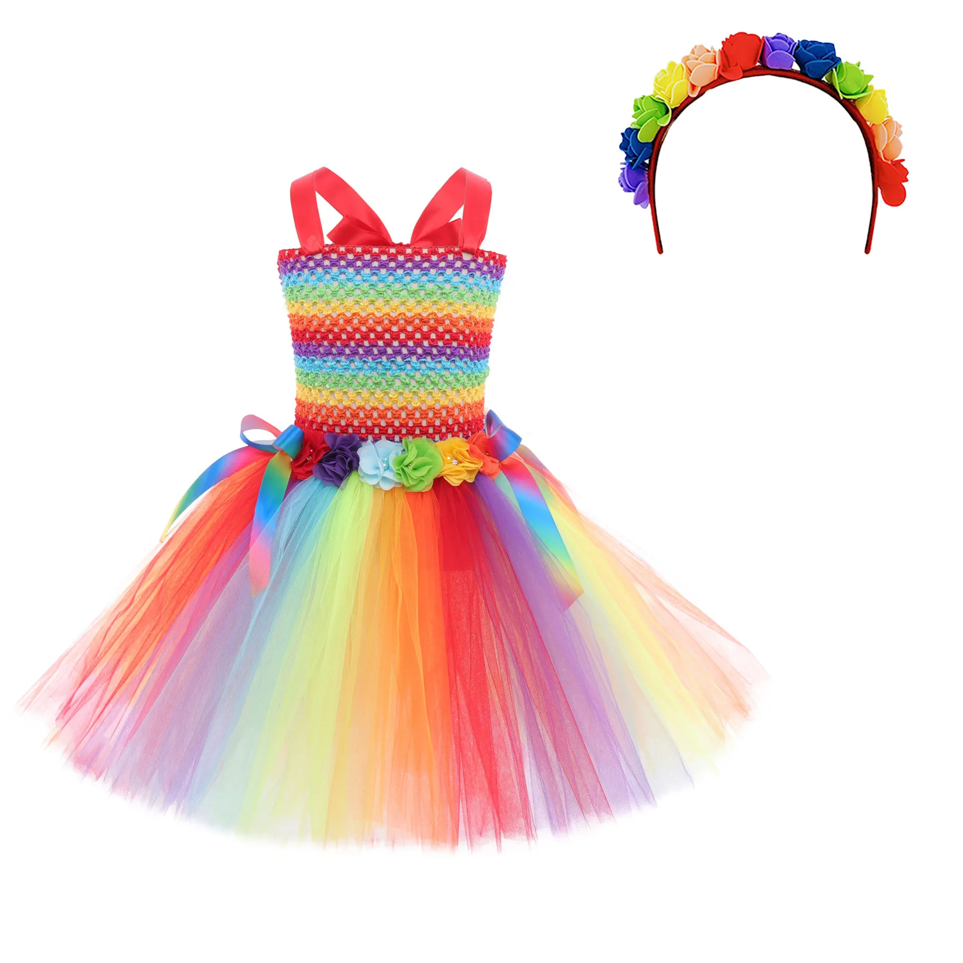 Girls Rainbow Color Butterfly Fairy Beautiful Style Tutu Dress With Flower Headband Outfit Holiday Princess Party Dress Up Wear