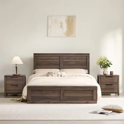 3 Pieces Bedroom Set, Queen Size Wood Platform Bed Frame and 2 Nightstands, Storage Nightstand with Type-C Charging