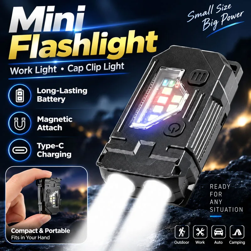 Mini Flashlight Portable Cap Clip Work Light with Magnetic Attach Type-C Rechargeable LED Pocket Light Long-Lasting Battery