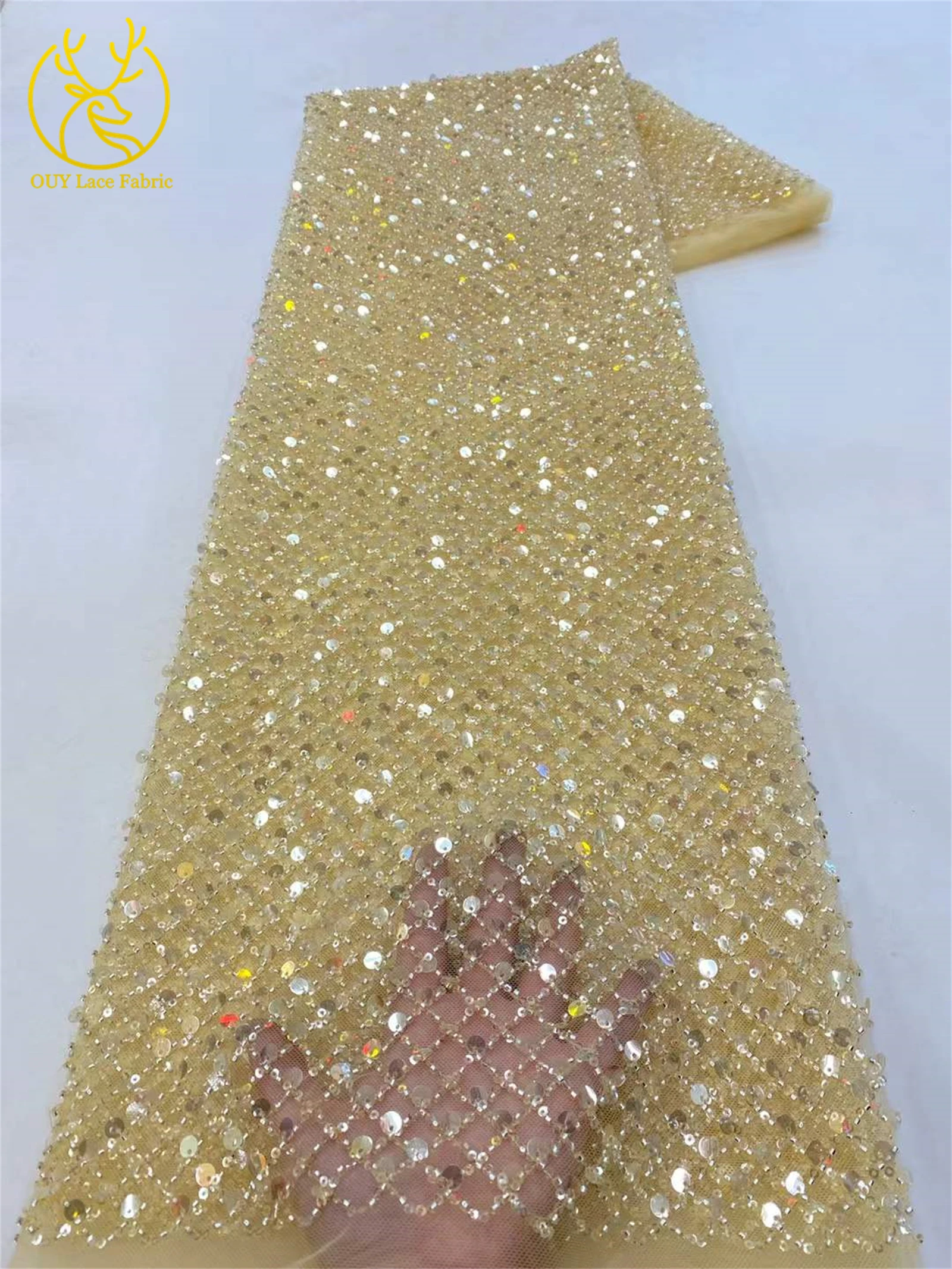 Newest African Beaded Tulle Lace Fabric 2025 Hot French Sequin Lace Fabric Embroidered Nigerian Lace Fabric for Party Dresses