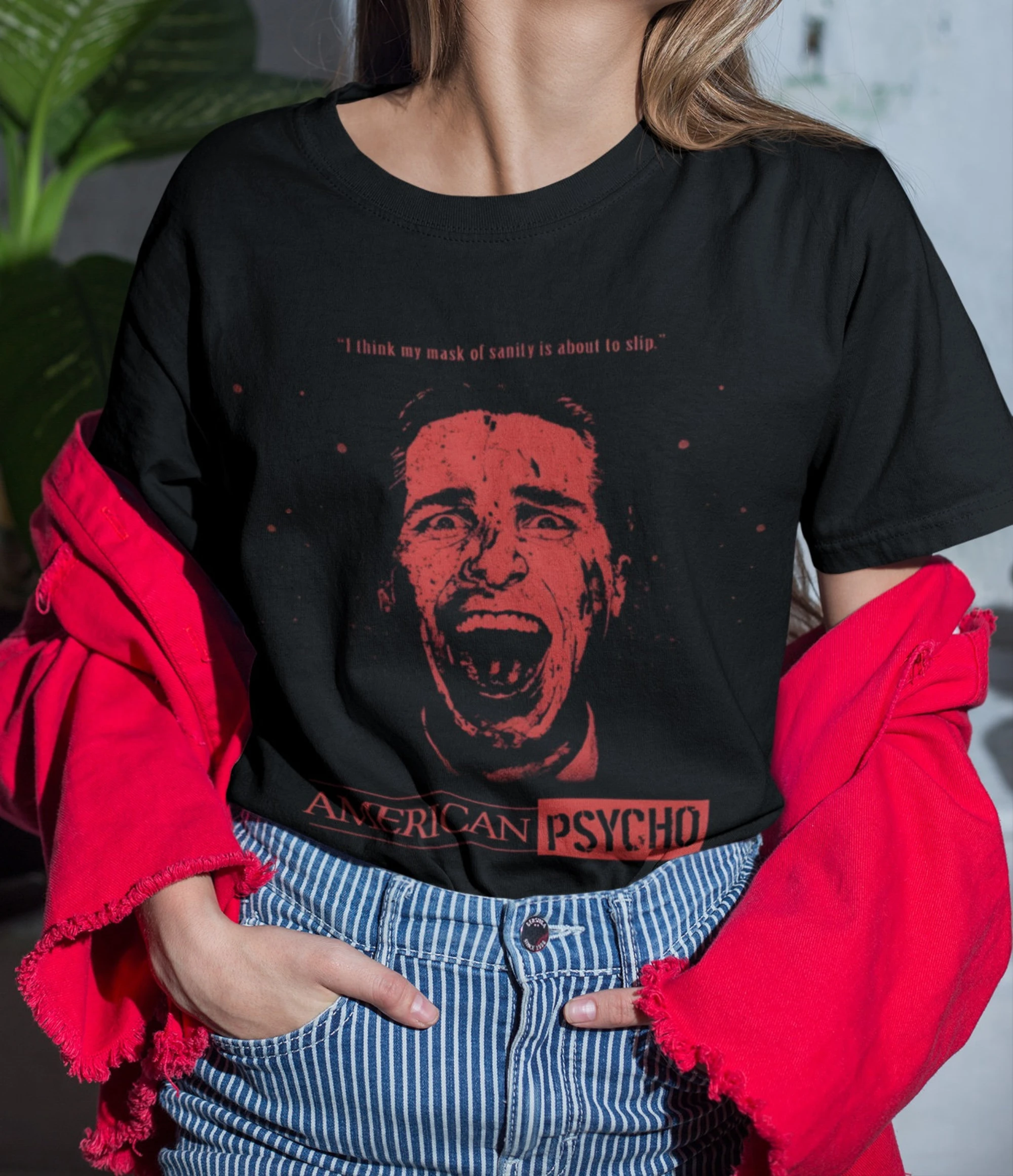 T-shirt con stampa del film American Psycho per la moda primavera/estate da donna, top in puro cotone, t-shirt neutra a maniche corte