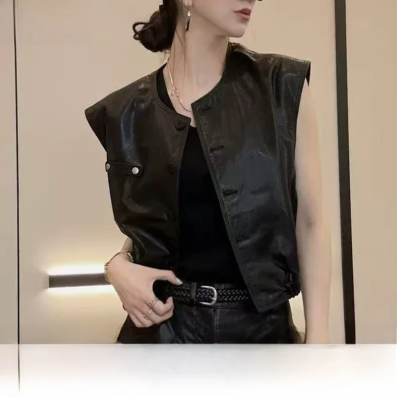 

Faionable Свободный круглый кожаный жилет Ne для женщин, ранняя осень, Новое поступление, корейская версия, ленивый сле