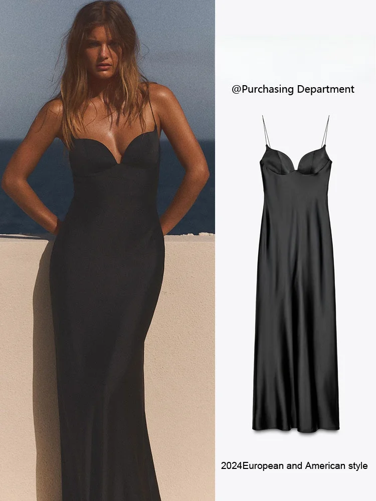 Vestido Longo de Verão Novo Estilo de Férias F em Seda Satinada Sem Alças com Decote em V e Cintura Alta