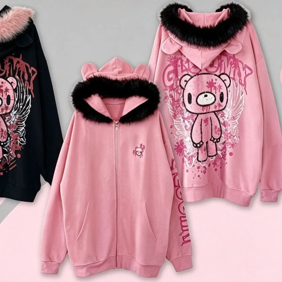 Dark Violent Bear Hoodie Jacket Color Block Fur Collar Bear Ears Women's Retro Style Short Outerwear Autumn Fashion Sweatshirt