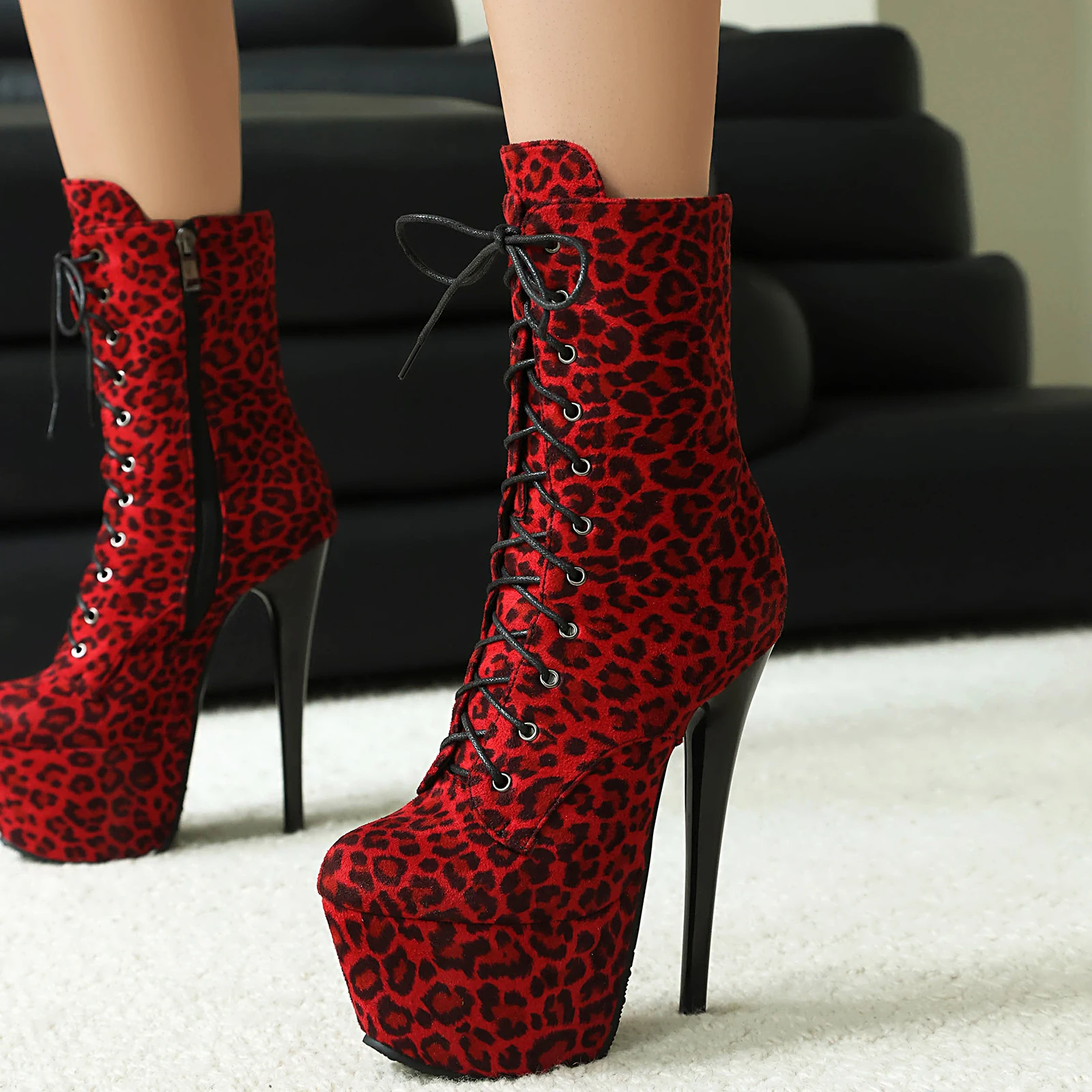 

Red Leopard Print Platform High Heel Ankle Boots for Women, Sexy Lace-Up Pole Dance Shoes, Stiletto Booties with Side Zipper
