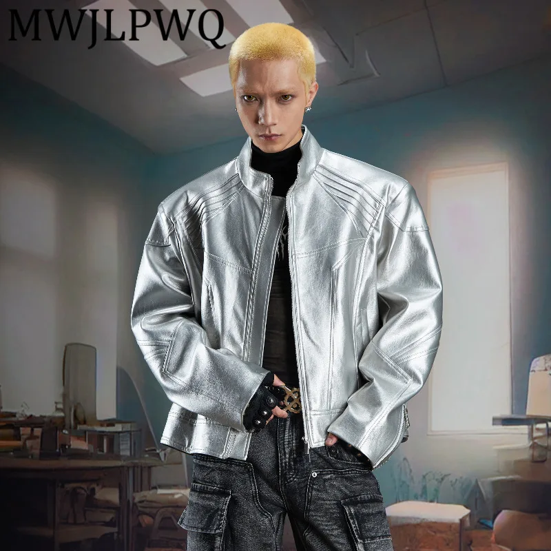 

MWJLPWQ Men's High-End Structured Patchwork Leather Jacket Stand Collar For Men Streetwear Loose Zipper Unisex Casual Tops 11922