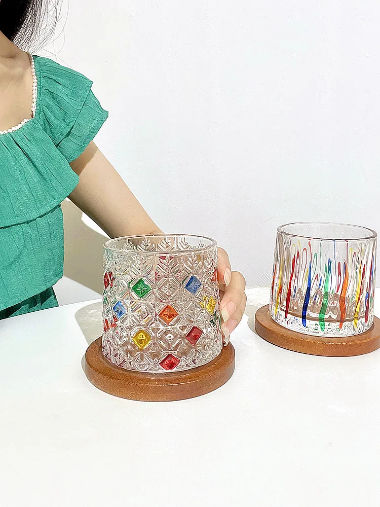 Retro Hand-painted Rotating Whiskey Glass with Base, Rainbow Water Glass, Beer Steins, Creative Home Decoration Accessories, Ins