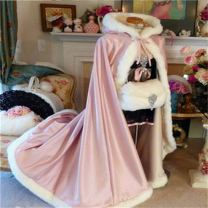 Fur Trim Satin Cloak Bridal Coat Shawl Wrap Renaissance Wedding Full Length Medieval Cape Newest Long section Shawl cloak